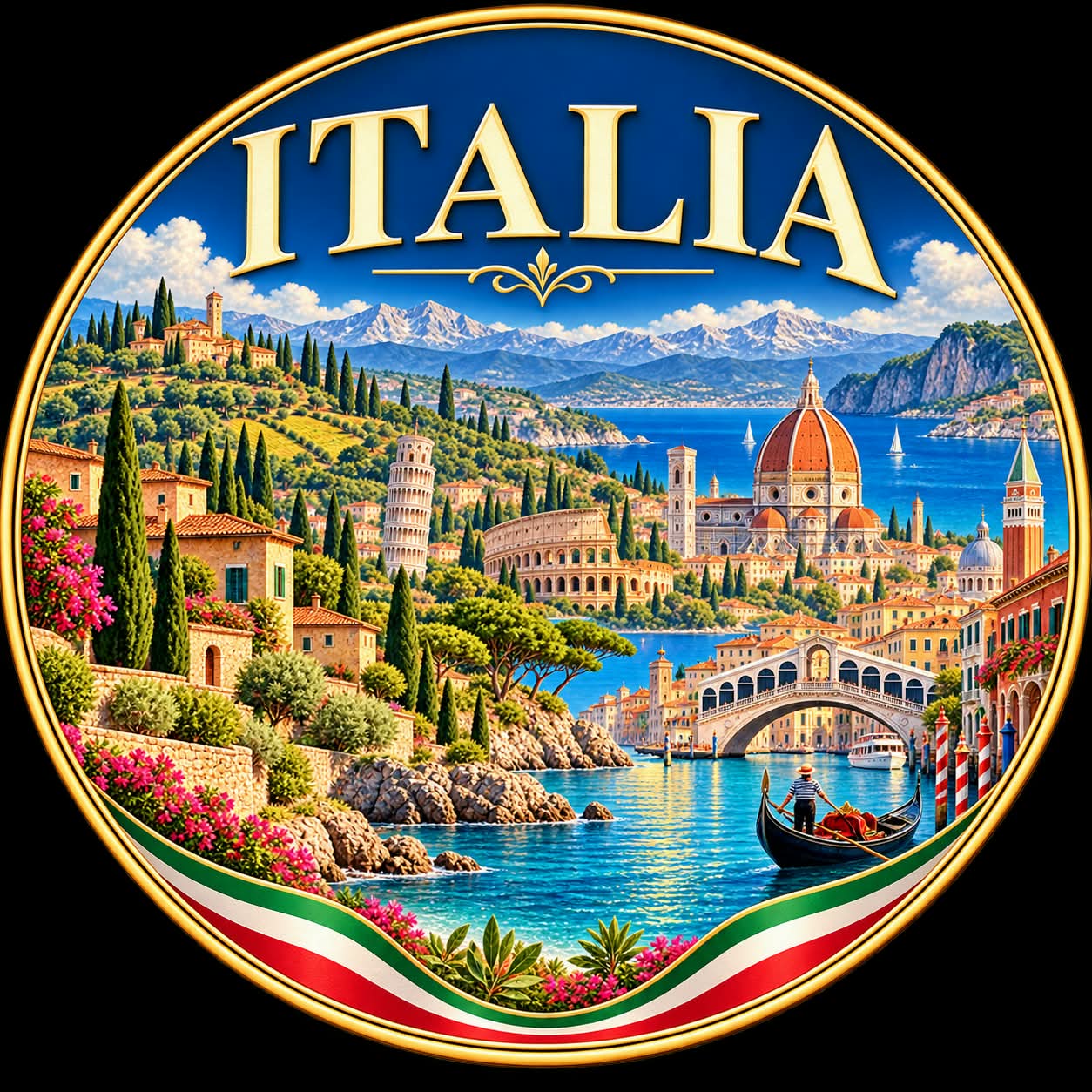Arte circolare Italia: città d’arte, paesaggi, mare e tricolore, incorniciati in oro.